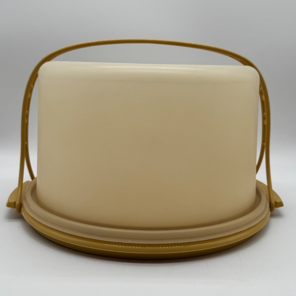 Vintage Tupperware Harvest Gold Cake Carrier Round Cake Taker Lid Handle 683 684